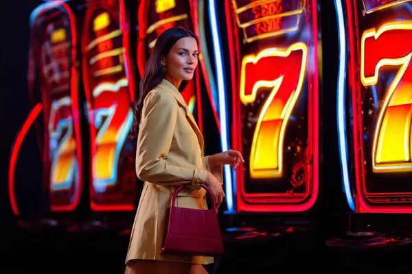 A stylish woman beside vibrant slot machines displaying glowing sevens, showcasing the variety of top slots at CT44.