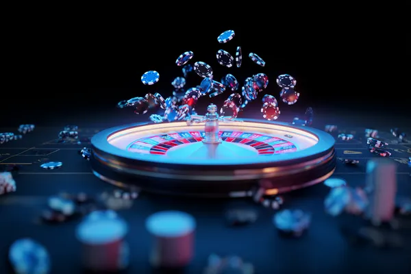 A glowing roulette wheel with cascading chips, symbolizing the engaging live and instant-win games available on CT44.